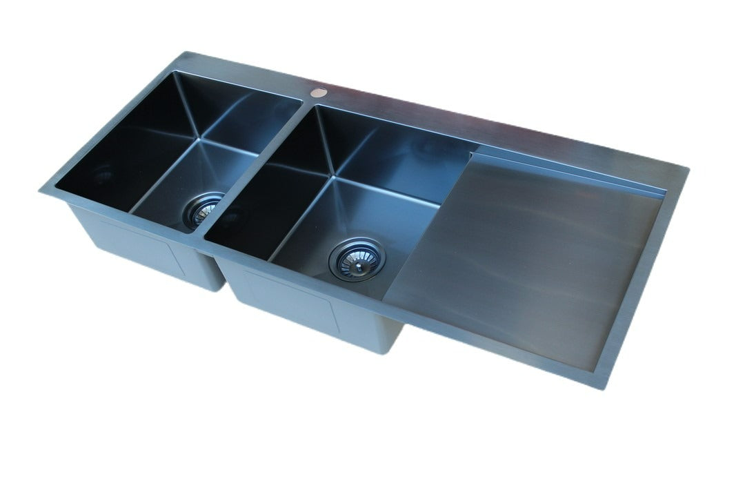Stainless Steel Double Bowl Sink with Drainer PVD – Black (114cm x 50cm) - HMDBD11450 PVD Black - Bathroom Hub