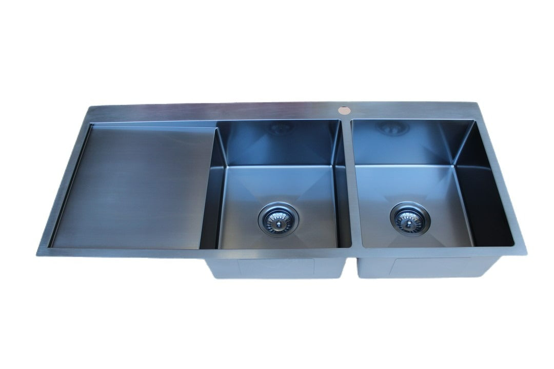 Stainless Steel Double Bowl Sink with Drainer PVD – Black (114cm x 50cm) - HMDBD11450 PVD Black - Bathroom Hub