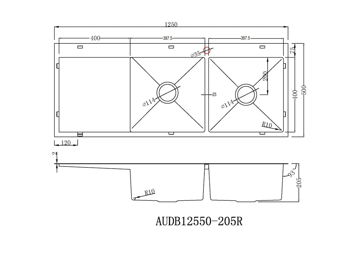 Handmade Stainless Steel Kitchen Sink Double Bowls with Drainer (125cm x 50cm) - HMDBD12550THR - Bathroom Hub