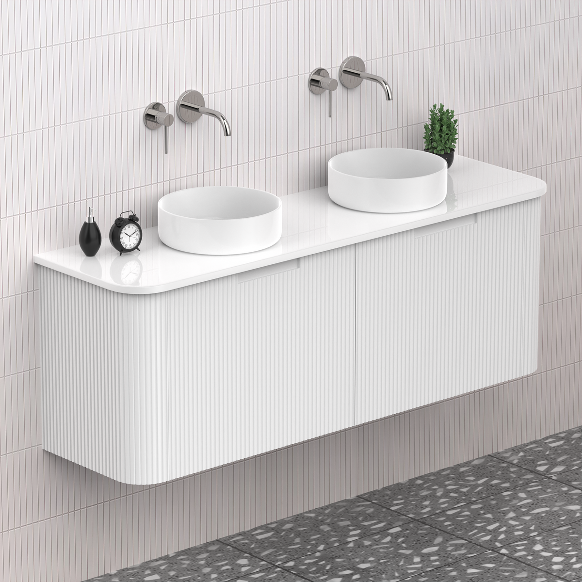Fluted Matt White Designer Double Bowel Vanity Unit 1500mm WH2216S_1500D_MW