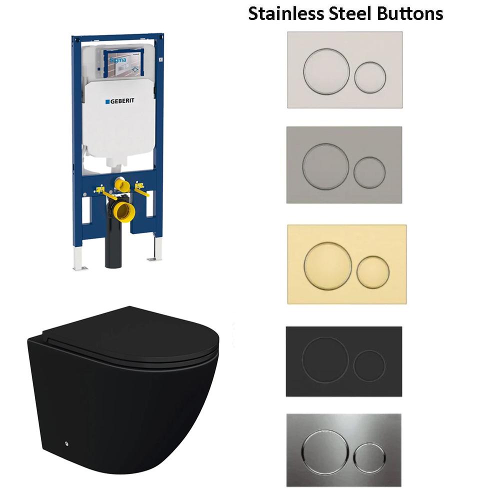 Geberit Sigma 8 Wall Hung Rimless Matt Black Toilet Suite With Stainless Steel Colour Buttons - Bathroom Hub