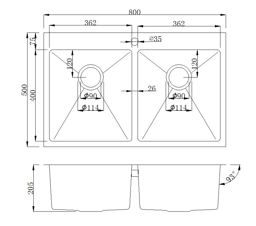 Handmade Stainless Steel Kitchen Sink Double Bowls with Tap Hole (80cm x 50cm) - HMDB8050THR - Bathroom Hub