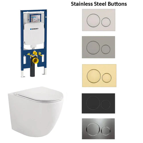 Geberit Sigma 8 Wall Hung Rimless Toilet Suite With Stainless Steel Colour Button - Bathroom Hub