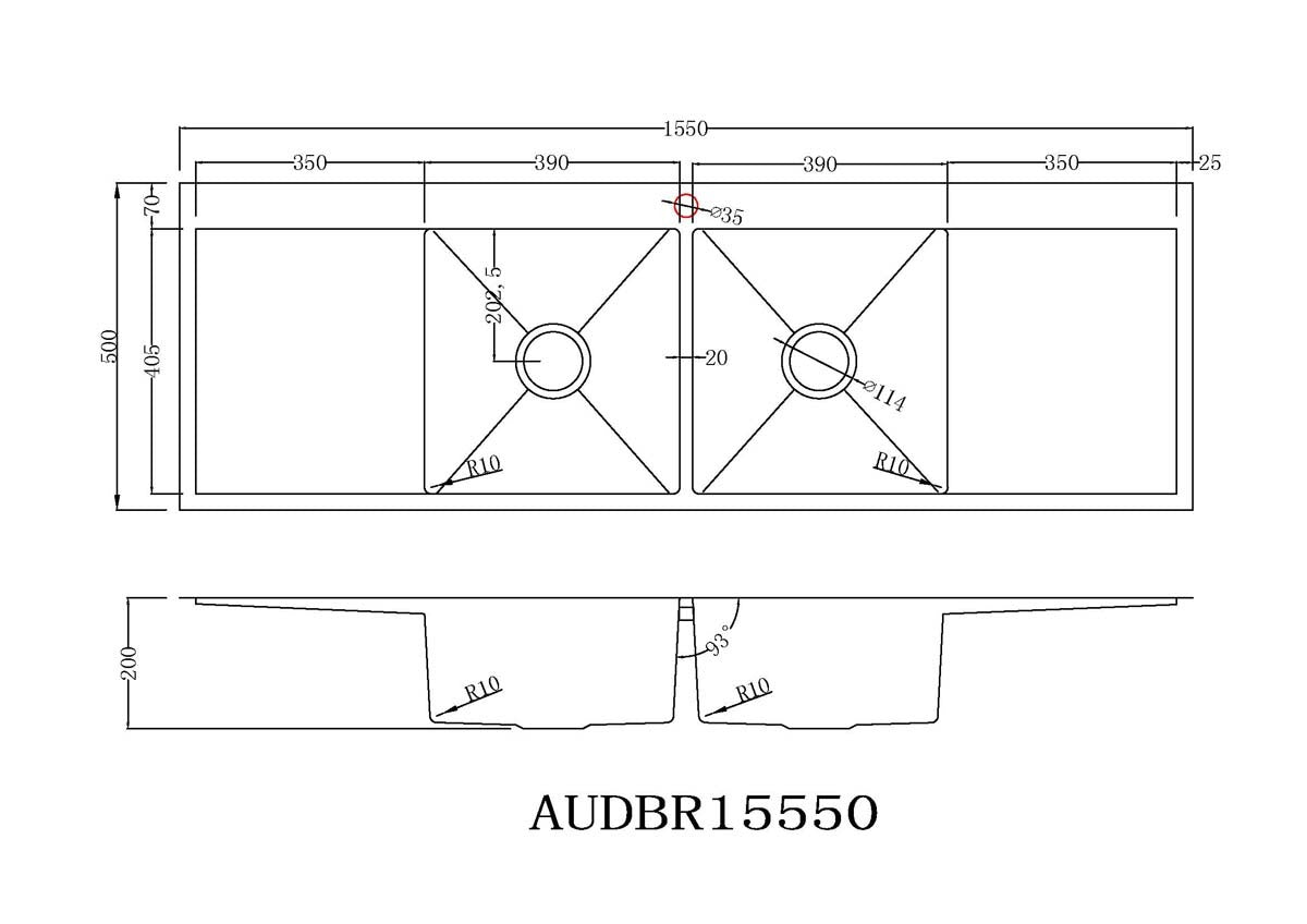 Handmade Stainless Steel Kitchen Sink Double Bowls and Drainers (155cm x 50cm) - HMDBDD15550TH - Bathroom Hub