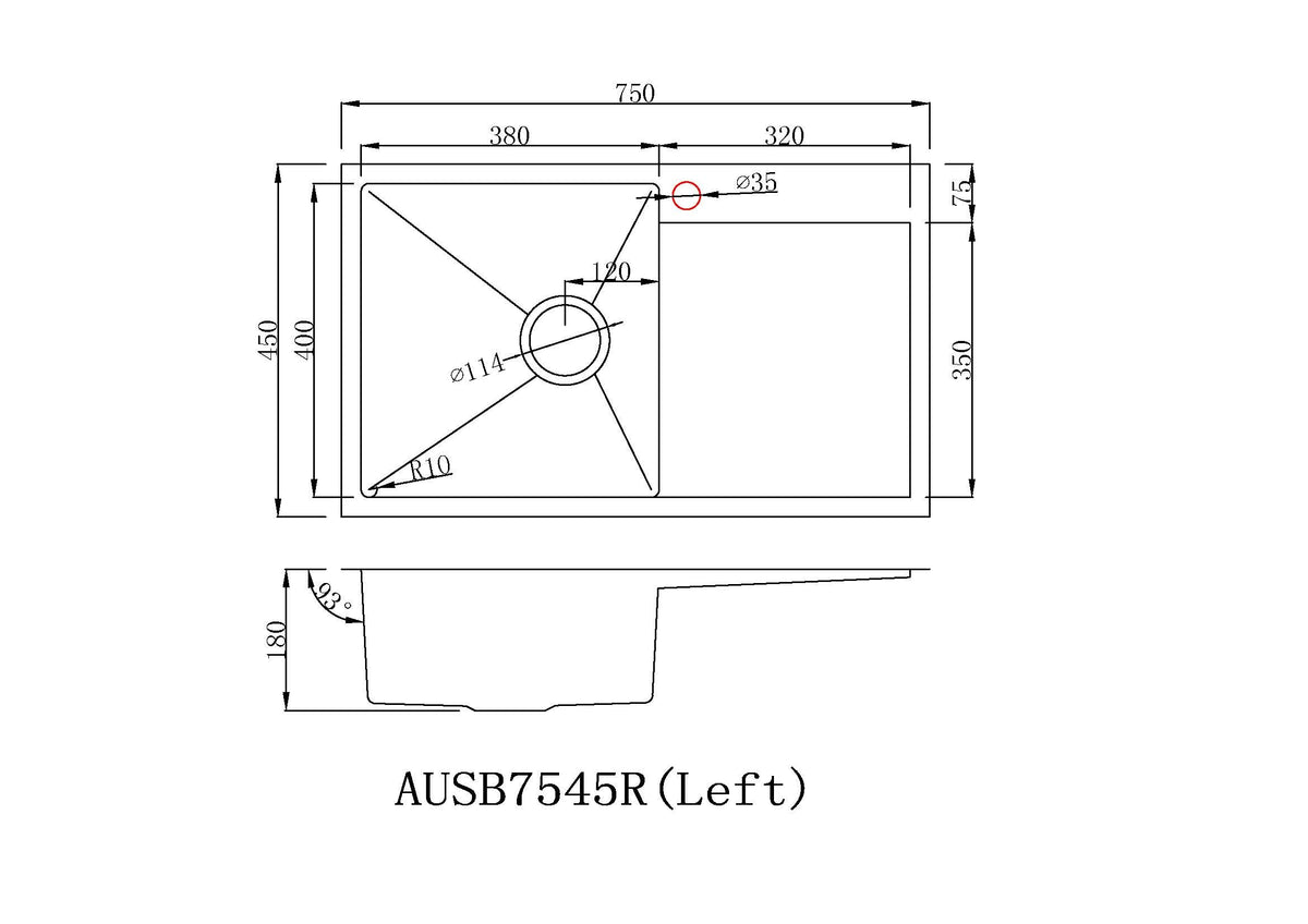 Handmade Stainless Steel Kitchen Sink Single Bowl with Drainer (75m x 45cm) - HMSBD7545TH - Bathroom Hub