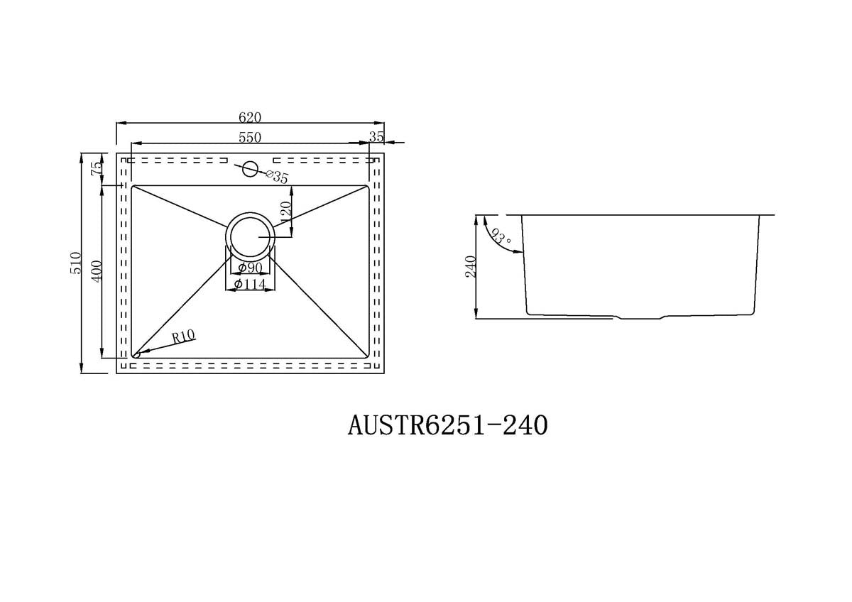 Handmade Stainless Steel Kitchen Sink / Laundry Tub (62cm x 51cm) - HMSB6251THR - Bathroom Hub