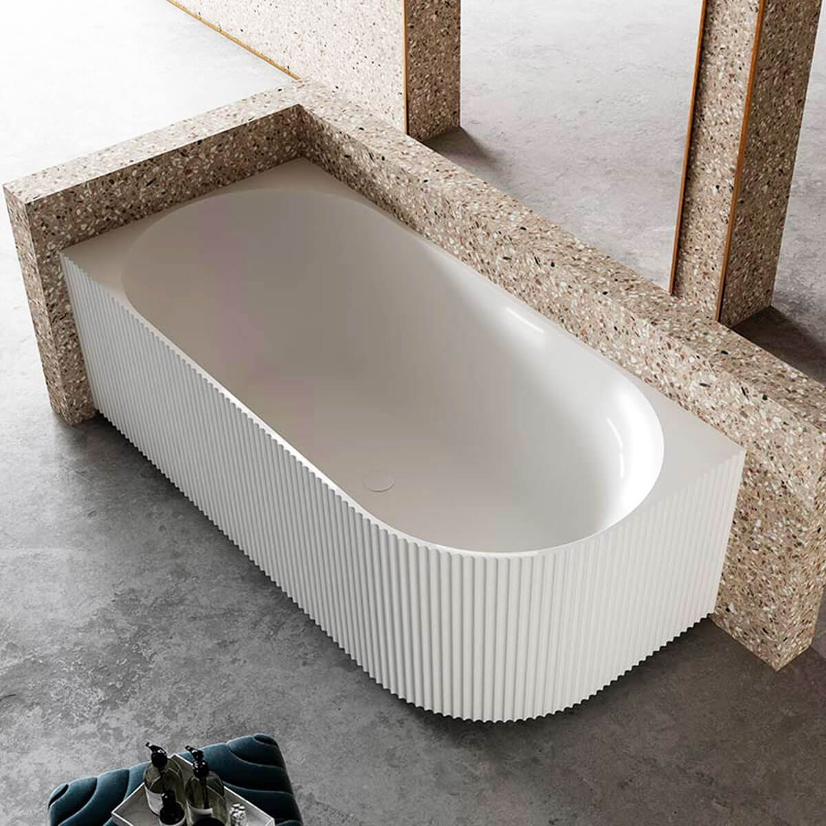 1500mm Fluted V Groove Corner Matt White Freestanding Bath - Bathroom Hub