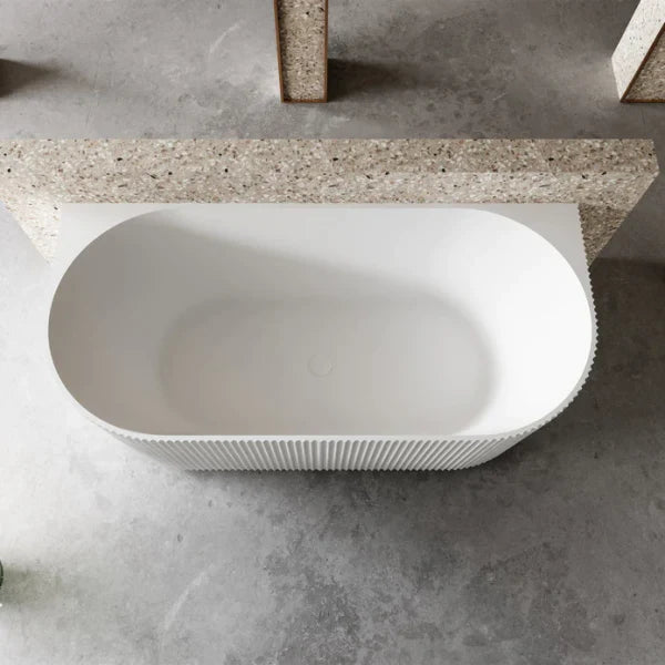 1500mm Fluted V Groove Matt White Back to Wall Freestanding Bath - Bathroom Hub