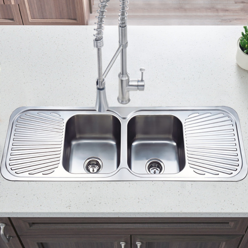 Cora Double Bowl & Double Drainer Kitchen Sink 1380 x 480mm C-1380 - Bathroom Hub