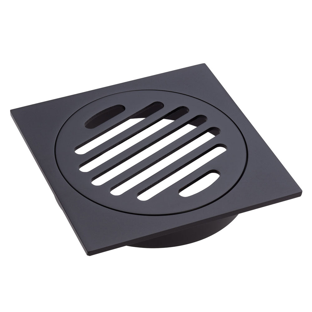Square Floor Waste, Round Grate, 100mm Outlet, Matte Black - Bathroom Hub