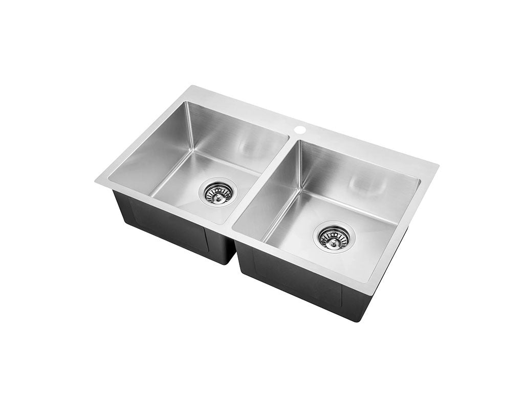 Handmade Stainless Steel Kitchen Sink Double Bowls with Tap Hole (80cm x 50cm) - HMDB8050THR - Bathroom Hub