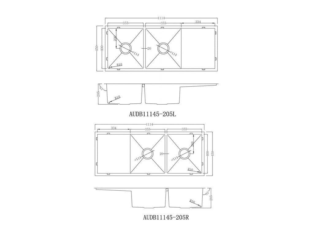 Handmade Stainless Steel Kitchen Sink Double Bowls with Drainer (111cm x 45cm) - HMDBD11145R - Bathroom Hub