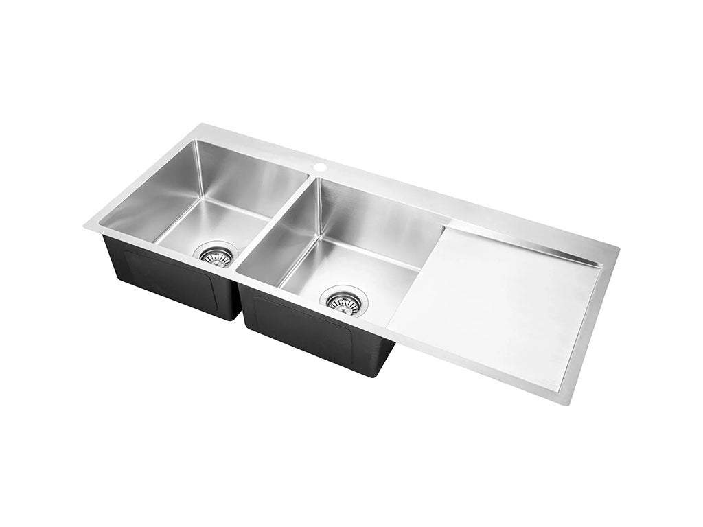 Handmade Stainless Steel Kitchen Sink Double Bowls with Drainer (125cm x 50cm) - HMDBD12550THR - Bathroom Hub