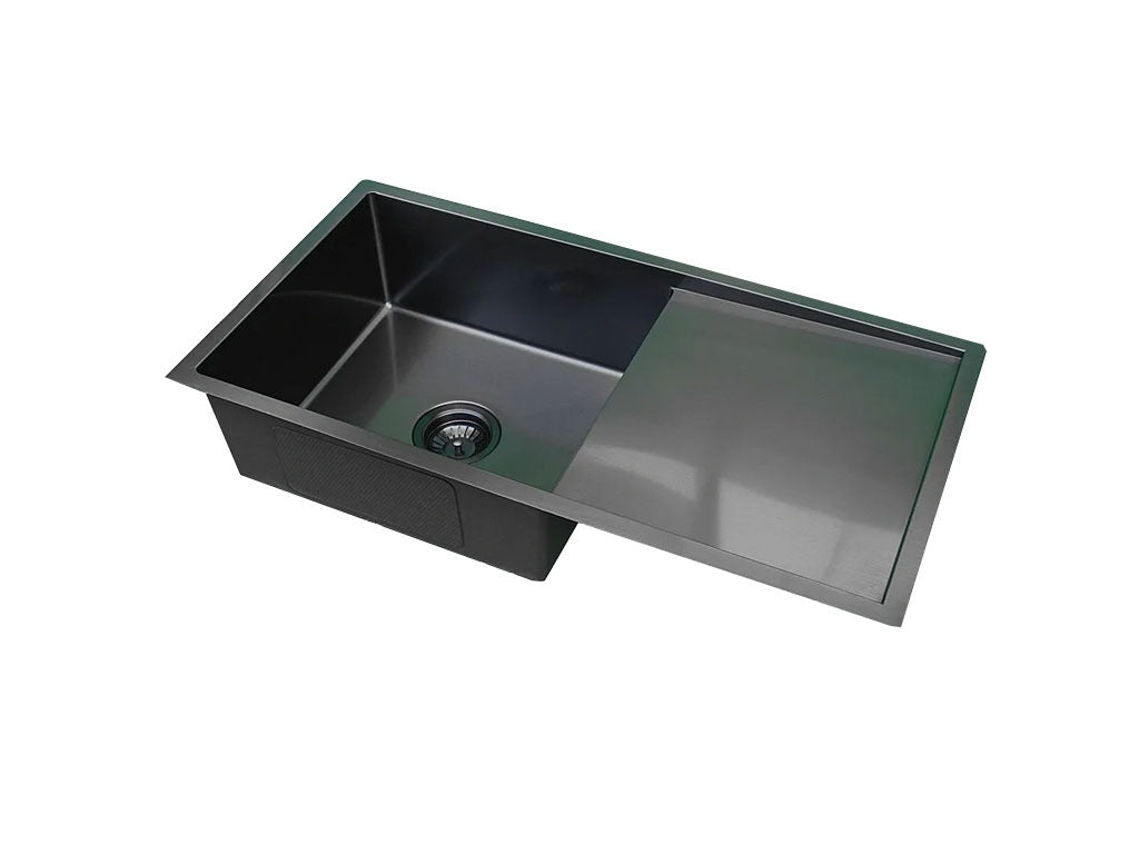 Handmade Stainless Steel Kitchen Sink Single Bowl with Drainer PVD – Black (86cm x 45cm) - HMSBD8645R PVD BLACK - Bathroom Hub