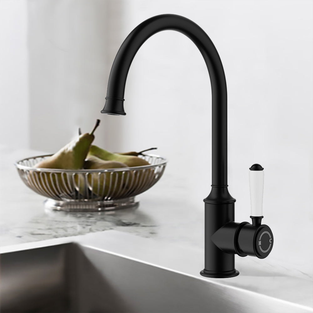 Clasico Vintage Gooseneck Sink Mixer Ceramic handler in Matt Black - HYB868-101A-MB - Bathroom Hub