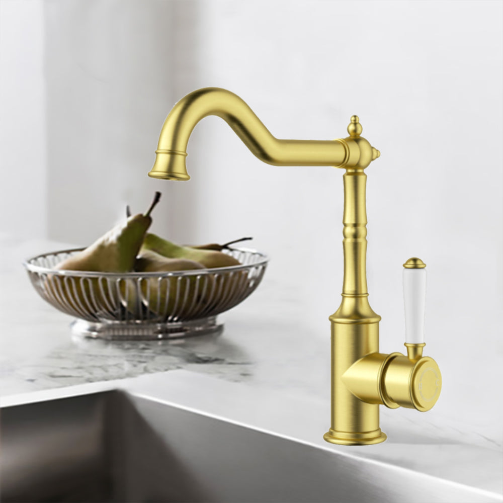 Clasico Vintage Hook Spout Sink Mixer Ceramic handle in Brushed Gold - HYB868-102A-BG