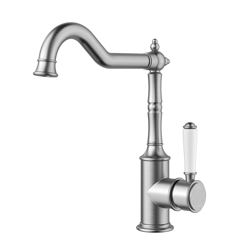 Clasico Vintage Hook Spout Sink Mixer Ceramic handle in Brushed Nickel - HYB868-102A-BN - Bathroom Hub