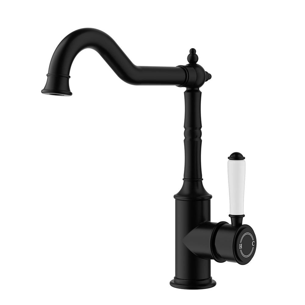 Clasico Vintage Hook Spout Sink Mixer Ceramic handle in Matt Black - HYB868-102A-MB - Bathroom Hub