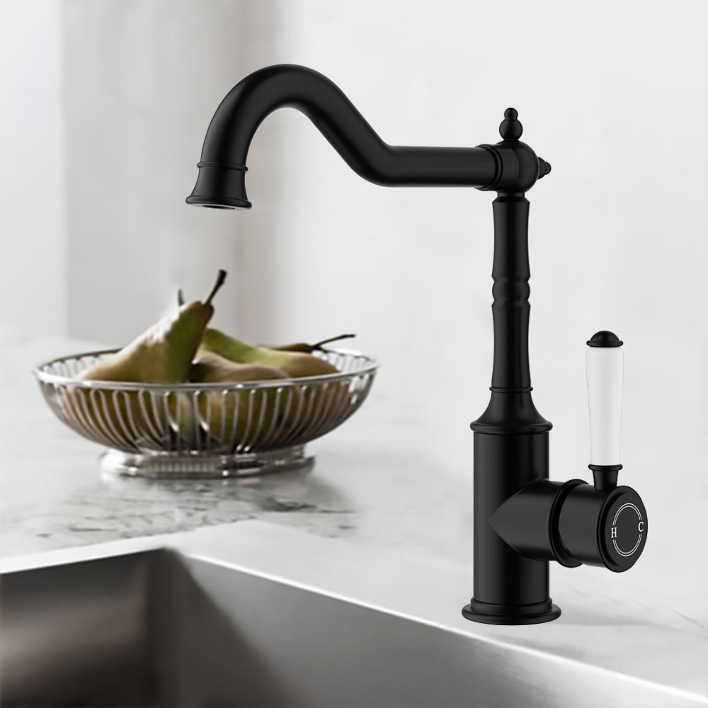 Clasico Vintage Hook Spout Sink Mixer Ceramic handle in Matt Black - HYB868-102A-MB - Bathroom Hub