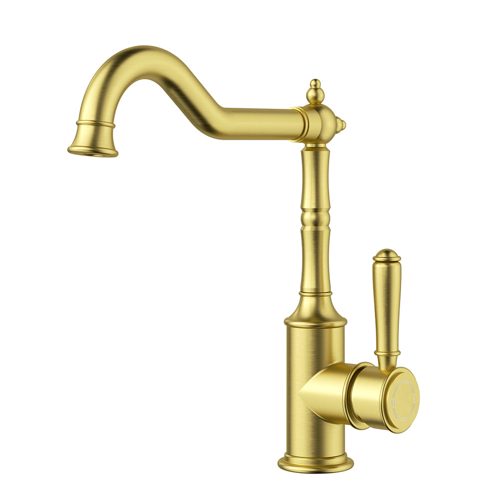 Clasico Vintage Hook Spout Sink Mixer in Brushed Gold - HYB868-102BG - Bathroom Hub