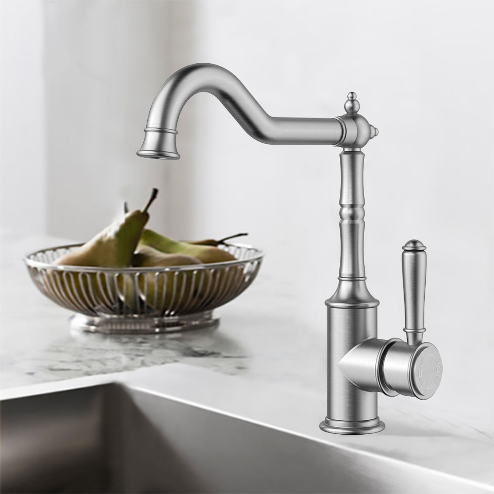 Clasico Vintage Hook Spout Sink Mixer in Brushed Nickel - HYB868-102BN - Bathroom Hub