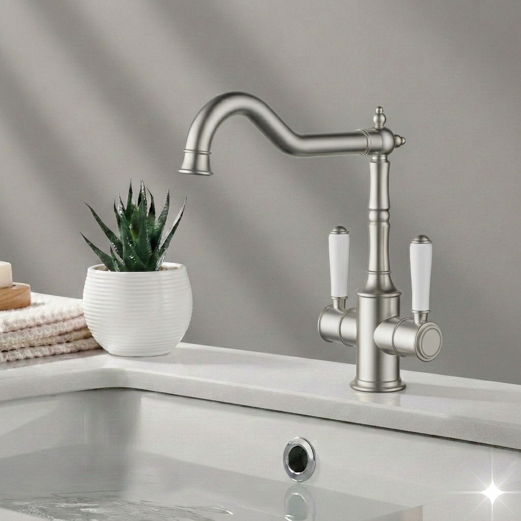 Clasico Twin Handle Gooseneck Sink Mixer Ceramic Handle HYB868-105A-BN - Bathroom Hub