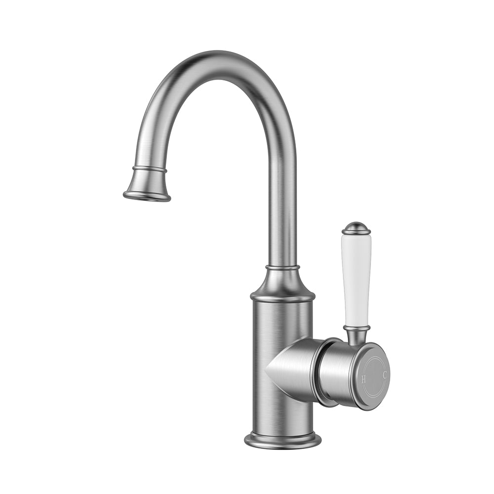 Clasico Gooseneck Basin Mixer Ceramic Handle in Brushed Nickel - HYB868-201A-BN - Bathroom Hub