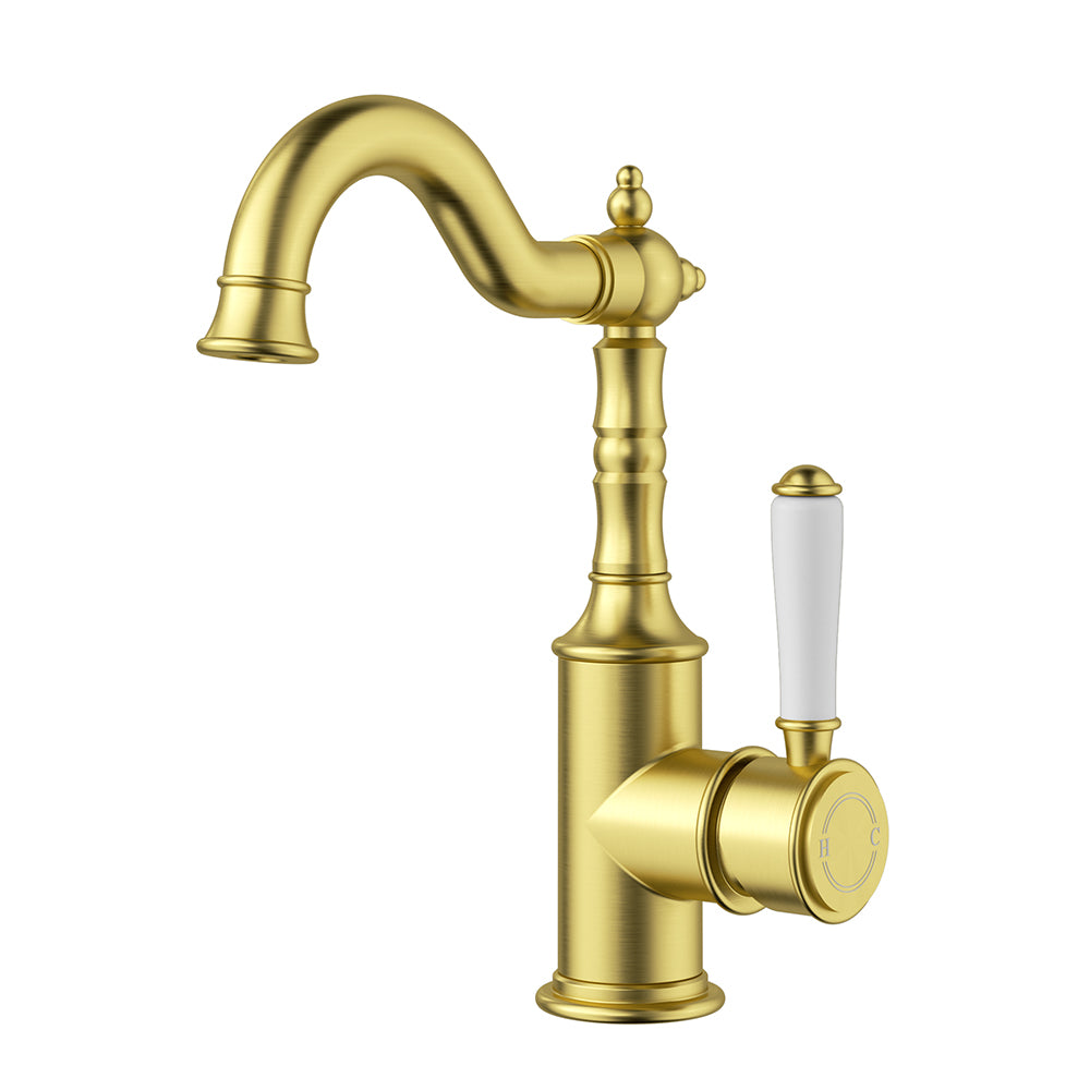 Clasico Basin Mixer with Ceramic White Handle Brushed Gold - HYB868-202A-BG - Bathroom Hub