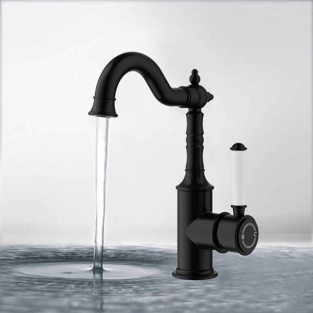 Clasico Basin Mixer with Ceramic White Handle Matte Black - HYB868-202A-MB - Bathroom Hub