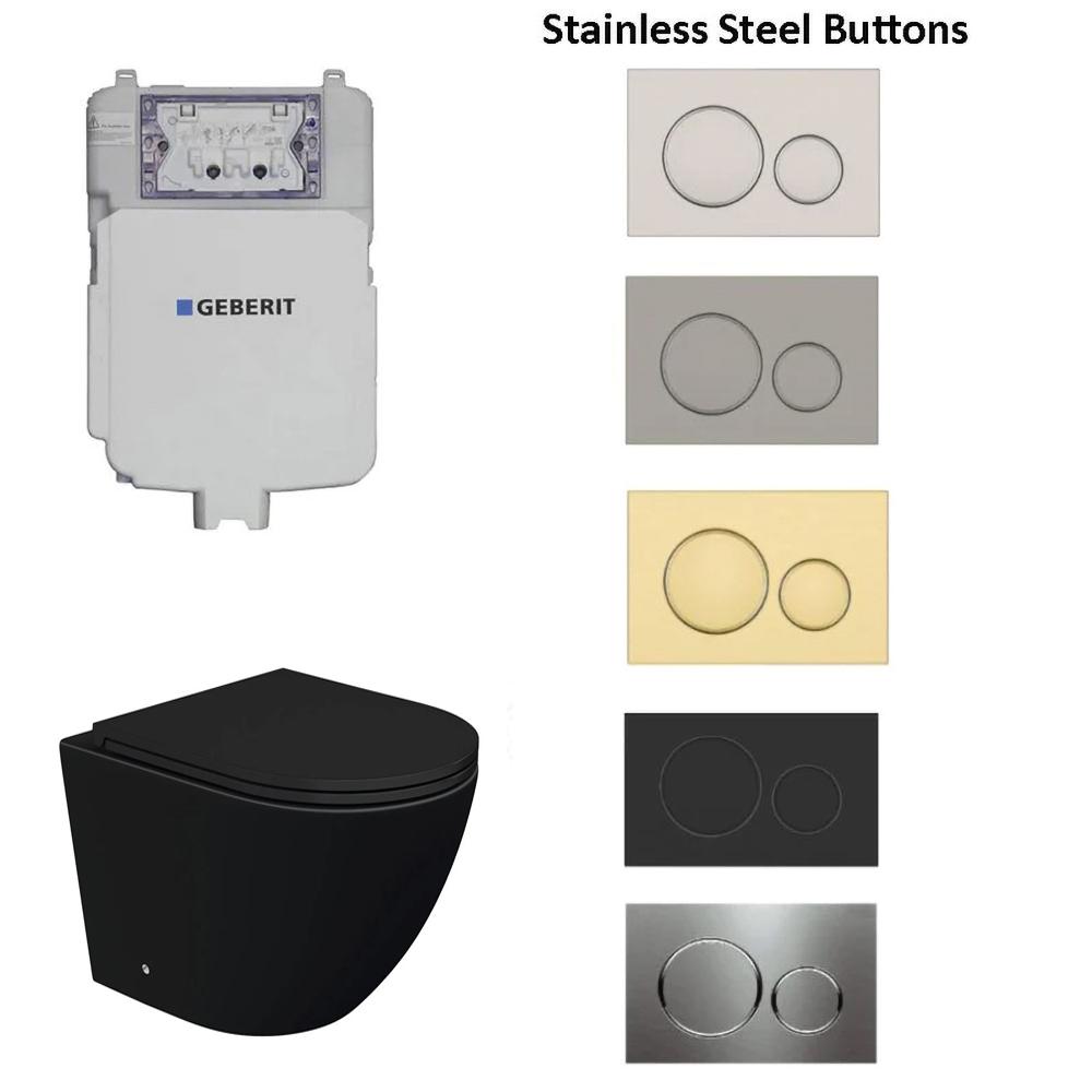 Geberit Sigma 8 In Wall Rimless Toilet Suite Matt Black With Stainless Steel Colour Button - Bathroom Hub