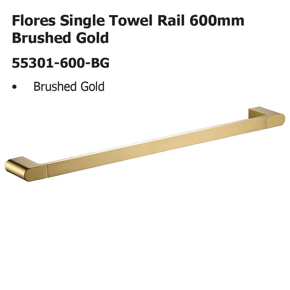 Flores Single Towel Rail 600mm Brushed Gold 55301-600-BG - Bathroom Hub