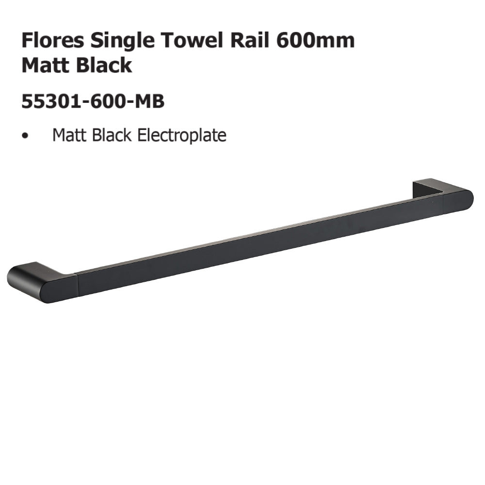 Flores Single Towel Rail 600mm Matt Black 55301-600-MB - Bathroom Hub