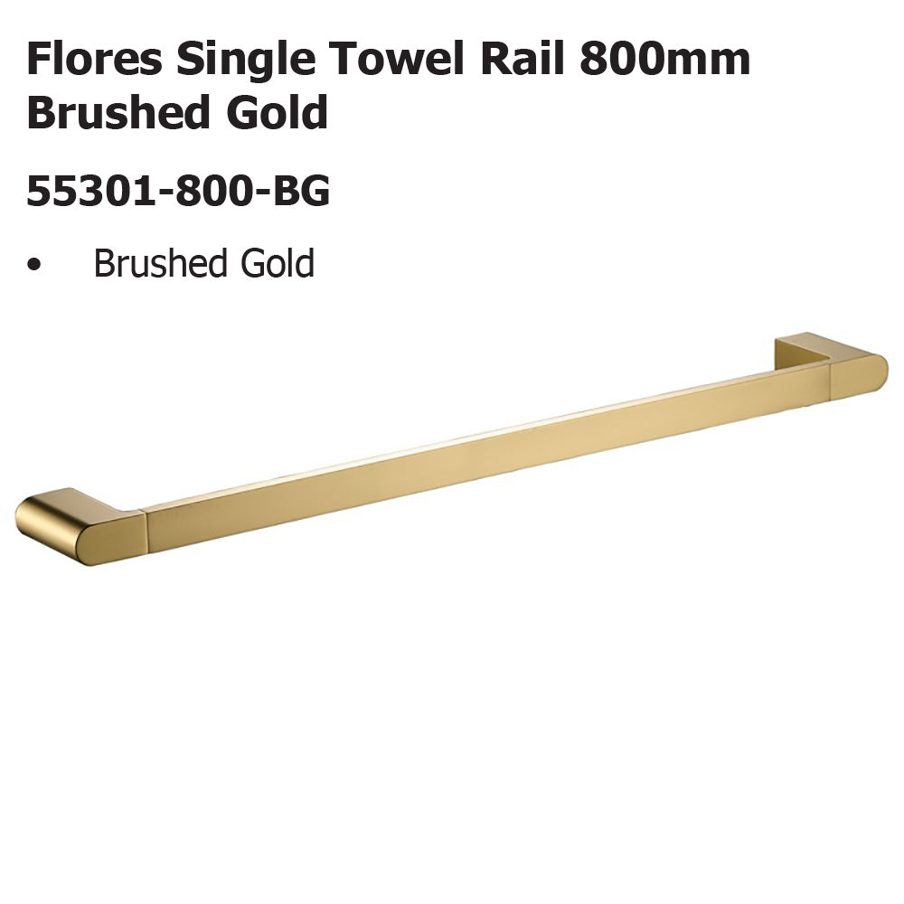 Flores Single Towel Rail 800mm Brushed Gold 55301-800-BG - Bathroom Hub