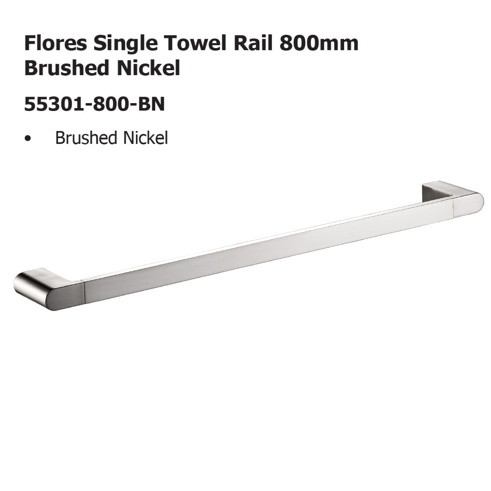 Flores Single Towel Rail 800mm Brushed Nickel 55301-800-BN - Bathroom Hub