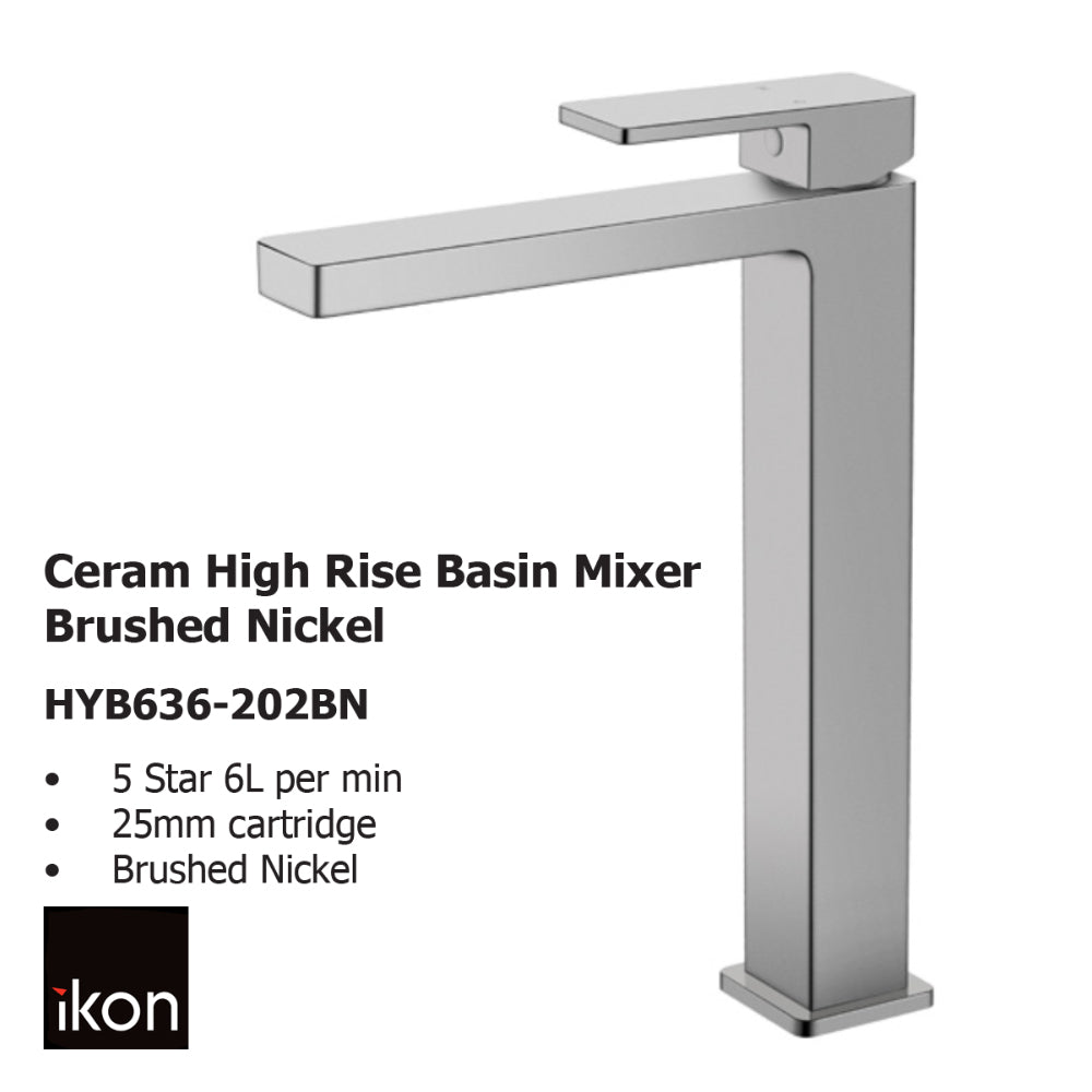 Ceram High Rise Basin Mixer Brushed Nickel HYB636-202BN - Bathroom Hub