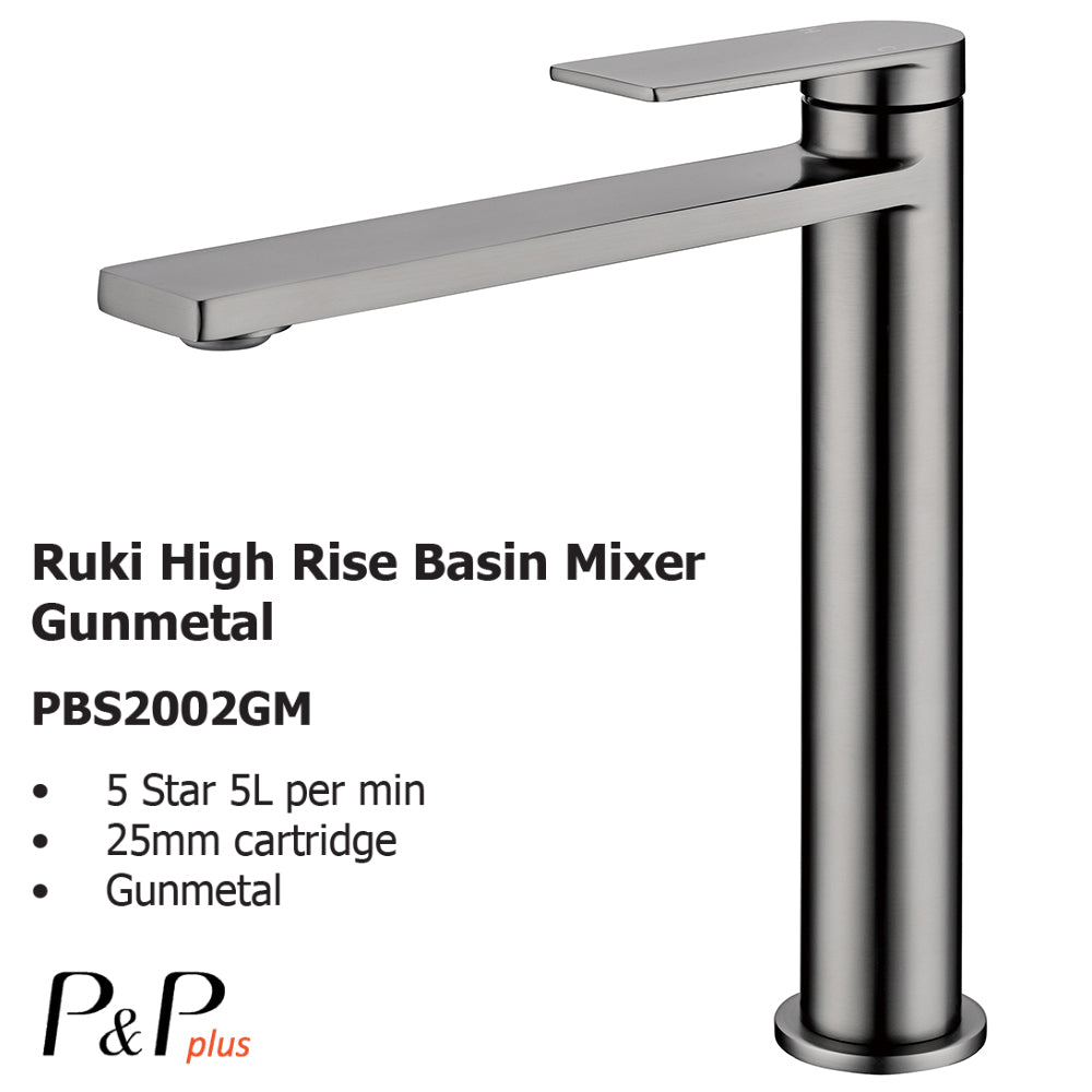 Ruki High Rise Basin Mixer Gunmetal PBS2002LF-GM - Bathroom Hub