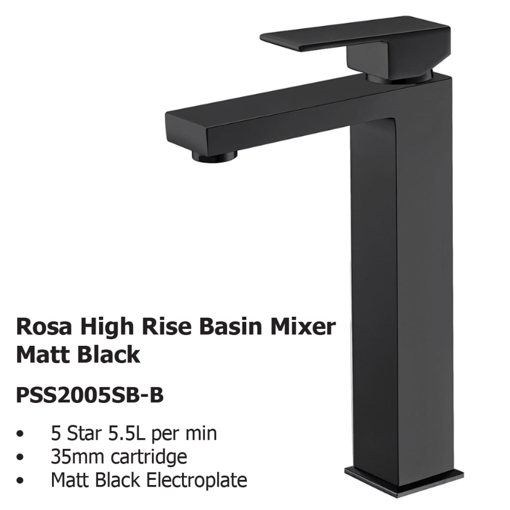 Rosa High Rise Basin Mixer Matt Black PSS2005LF-MB