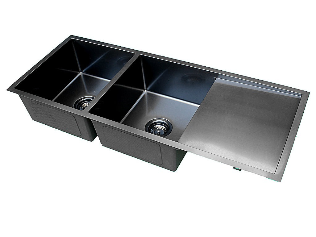 Handmade Stainless Steel Kitchen Sink Double Bowls with Drainer (111cm x 45cm) PVD Black - HMDBD11145R PVD - Bathroom Hub
