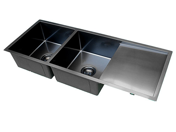 Handmade Stainless Steel Kitchen Sink Double Bowls with Drainer (111cm x 45cm) PVD Black - HMDBD11145R PVD