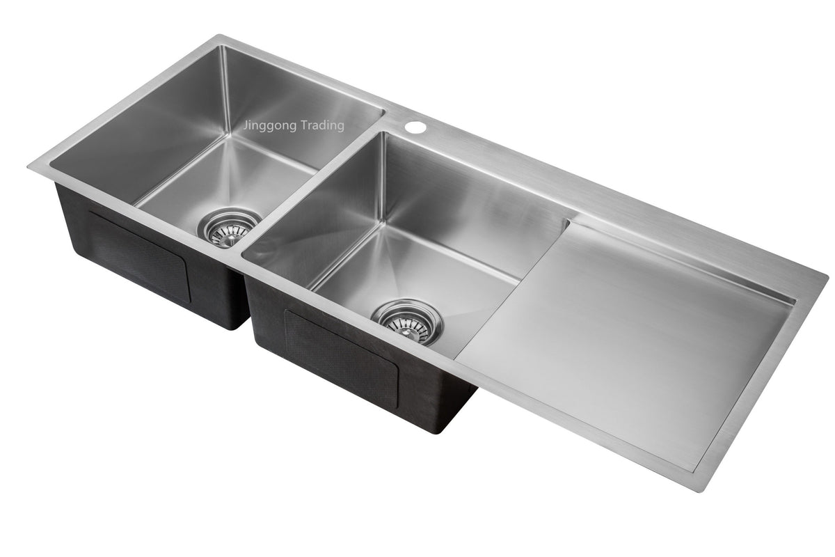 Handmade Stainless Steel Kitchen Sink Double Bowls with Drainer (114cm x 48cm) - HMDBD11448THR - Bathroom Hub