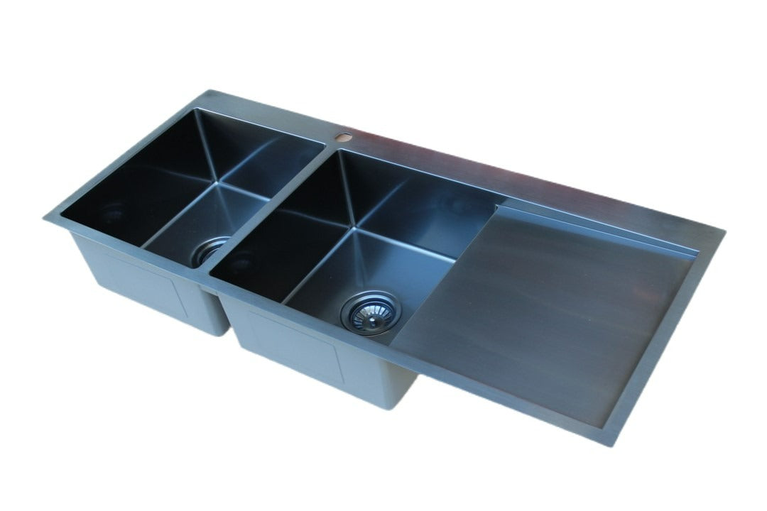 Stainless Steel Double Bowl Sink with Drainer PVD – Black (114cm x 50cm) - HMDBD11450 PVD Black - Bathroom Hub