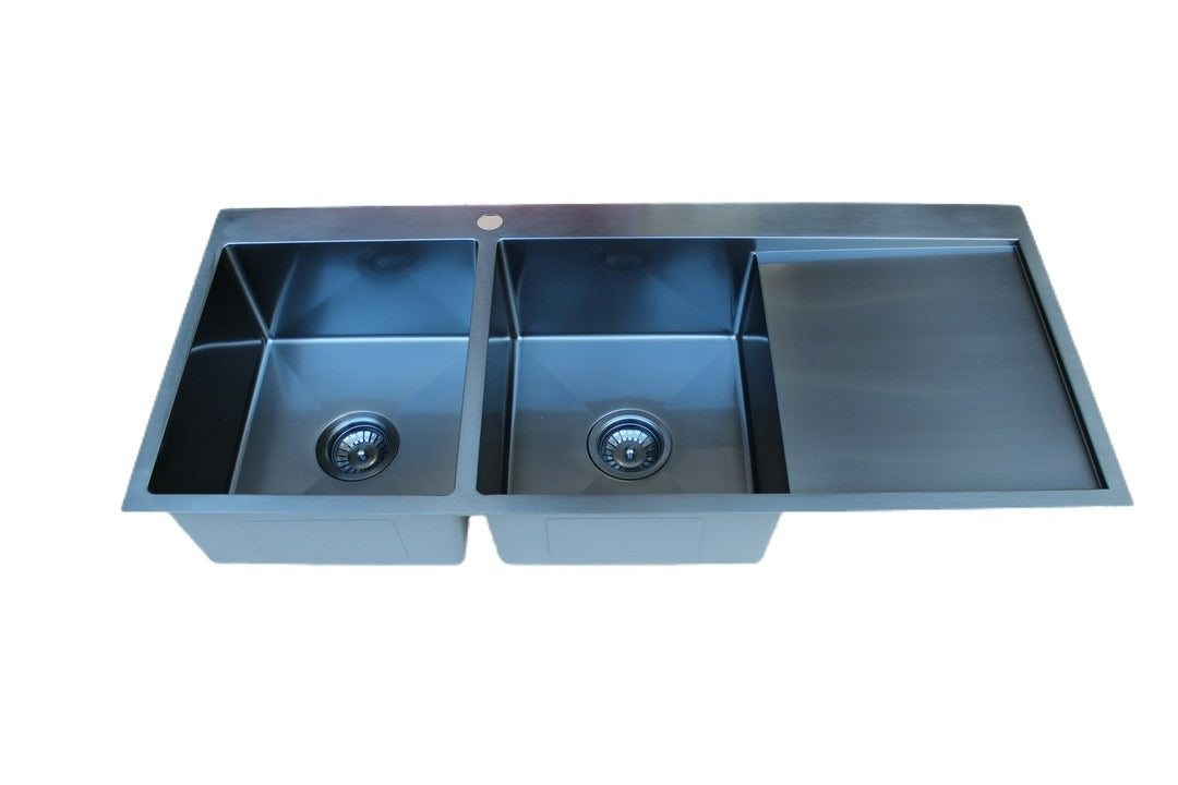Stainless Steel Double Bowl Sink with Drainer PVD – Black (114cm x 50cm) - HMDBD11450 PVD Black - Bathroom Hub