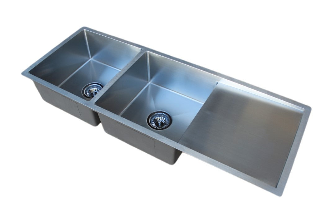 Handmade Stainless Steel Kitchen Sink Double Bowls with Drainer (118cm x 45cm) - HMDBD11845R - Bathroom Hub