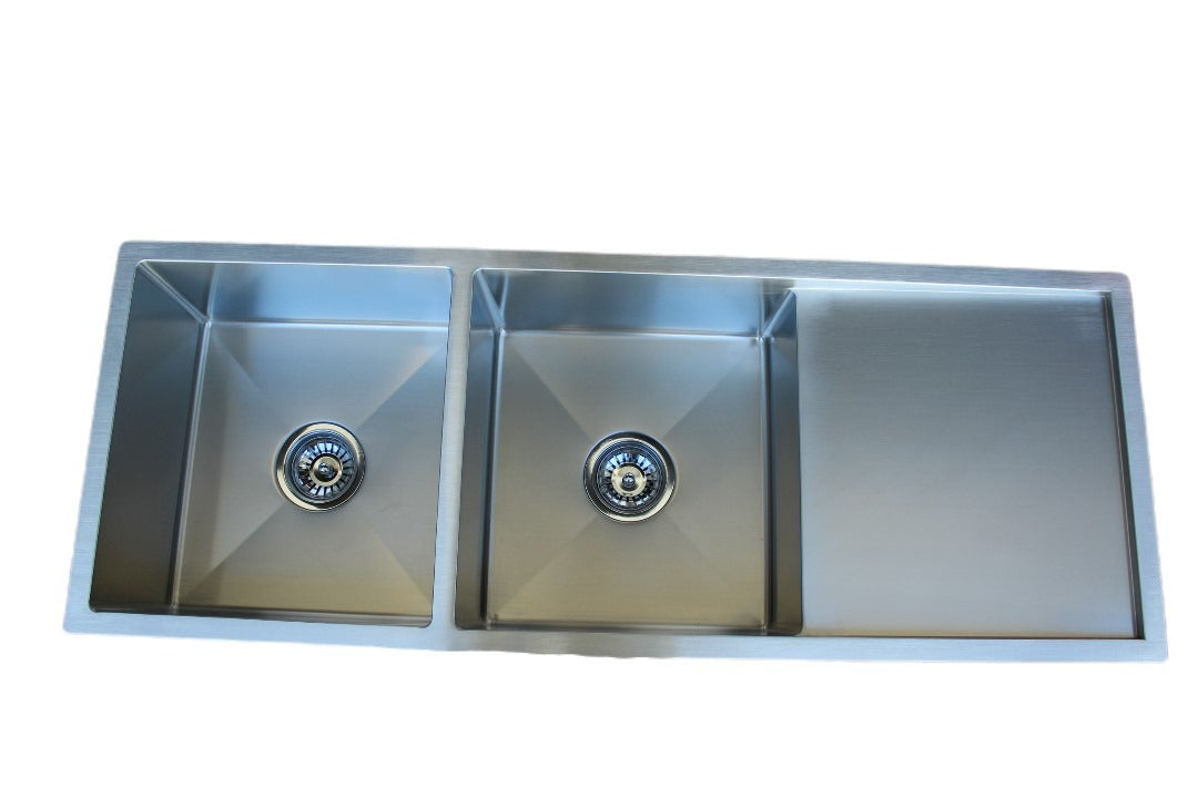 Handmade Stainless Steel Kitchen Sink Double Bowls with Drainer (118cm x 45cm) - HMDBD11845R - Bathroom Hub