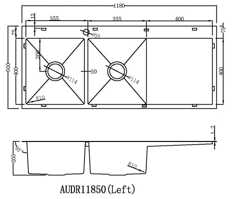 Handmade Stainless Steel Kitchen Sink Double Bowls and Drainers (118cm x 50cm) - HMDBD11850THR