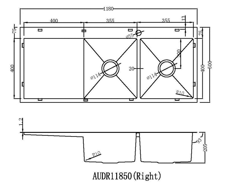 Handmade Stainless Steel Kitchen Sink Double Bowls and Drainers (118cm x 50cm) - HMDBD11850THR