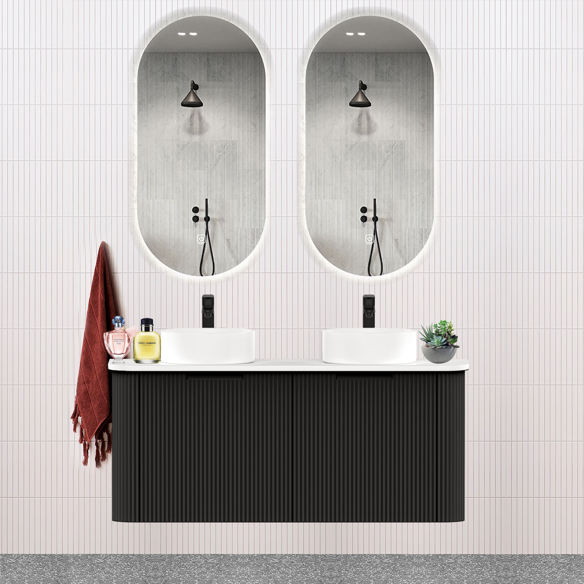 Fluted Matt Black Designer Double Bowl Vanity Unit 1200mm WH2216S_1200D_MB - Bathroom Hub