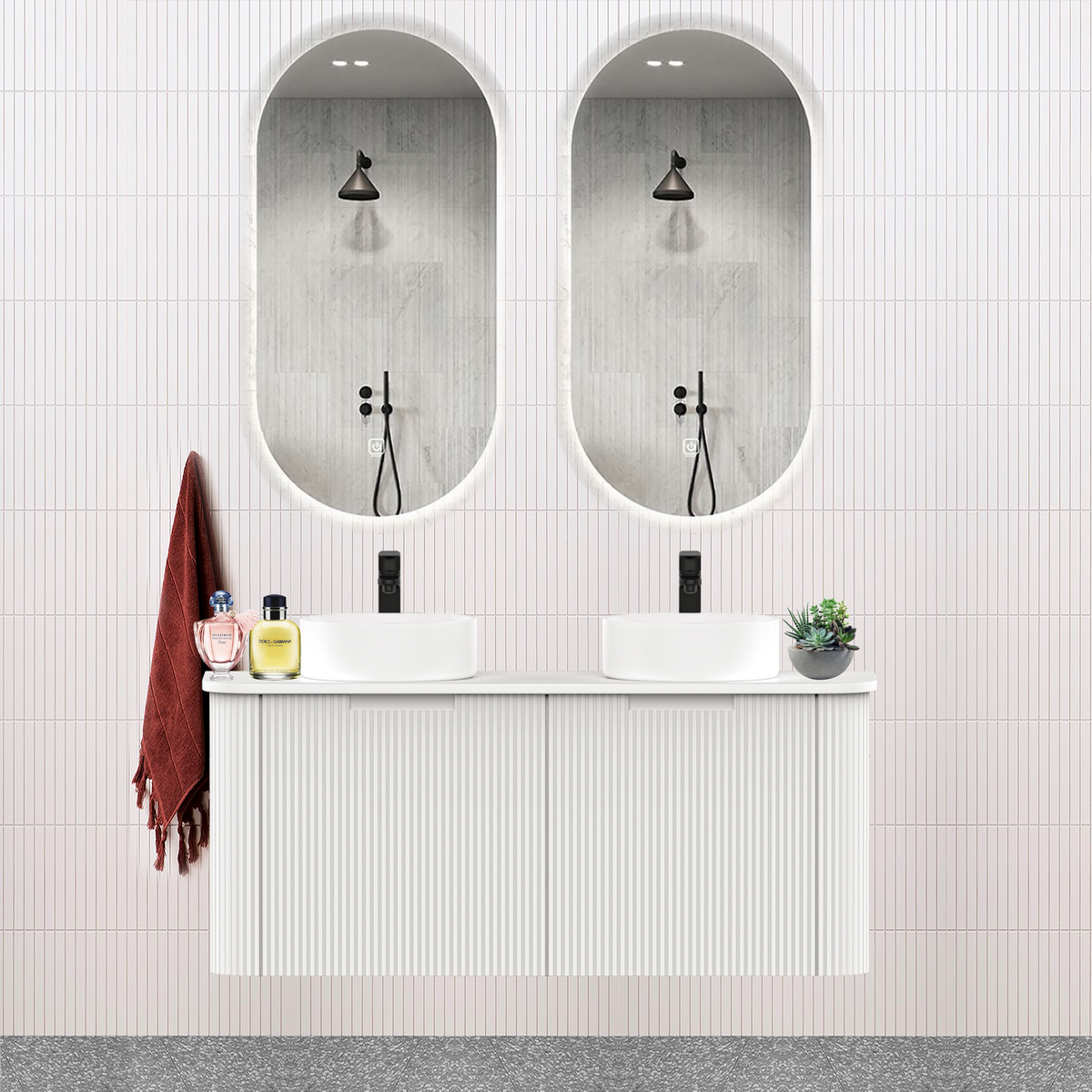 Fluted Matt White Designer Double Bowel Vanity Unit 1200mm WH2216S_1200D_MW