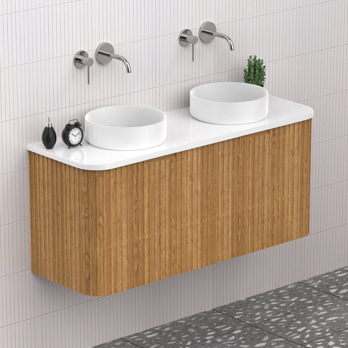 Fluted Timber Oak Designer Double Bowl Vanity Unit 1200mm WH2216S_1200D_OAK
