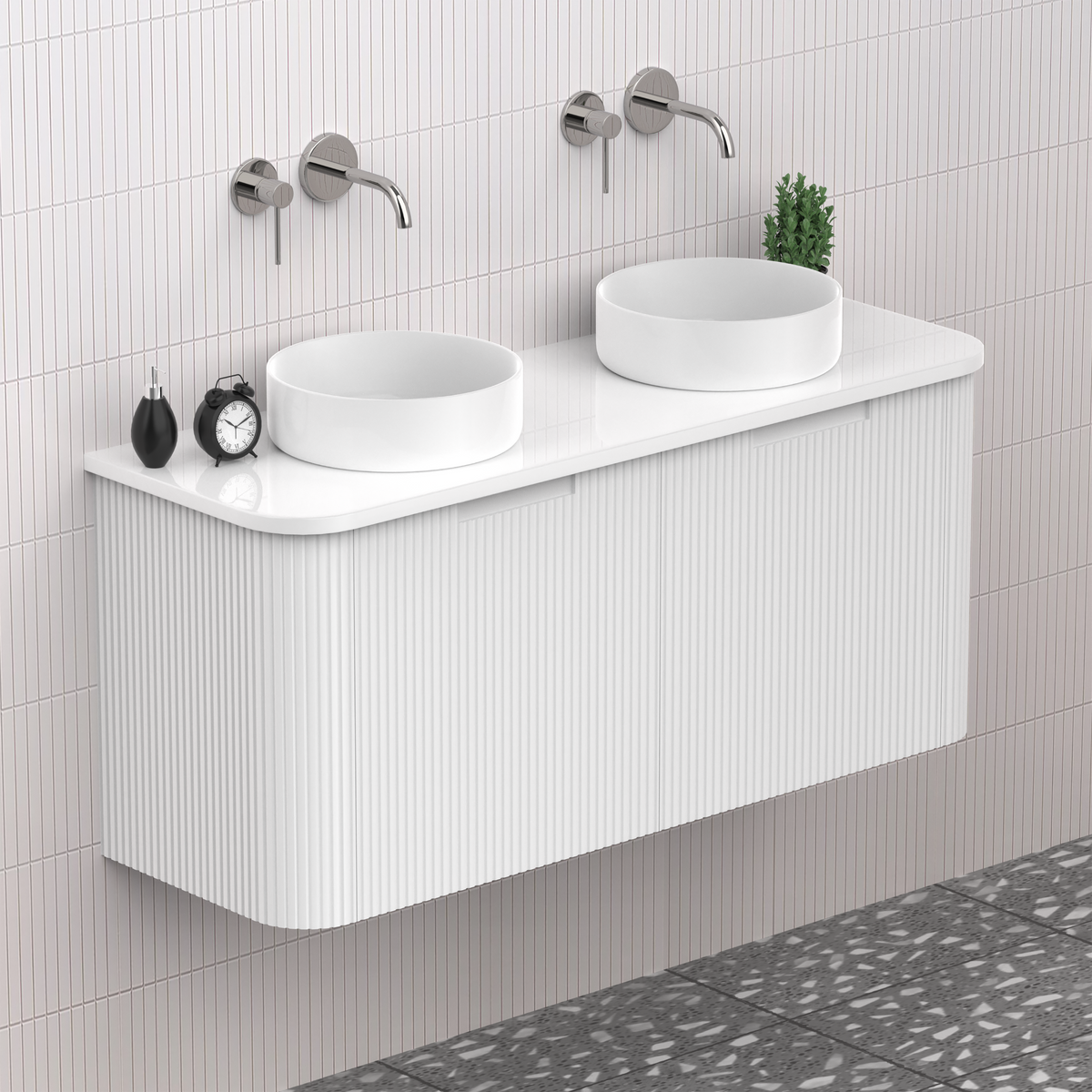 Fluted Matt White Designer Double Bowel Vanity Unit 1200mm WH2216S_1200D_MW